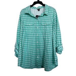 Eddie Bauer Women’s Sz 2XL Adventurer II Mint Green/White Checked Blouse NWT